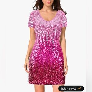 MANER Sequin Glitter Short Sleeve Sexy V Neck Mini Party Club Bodycon Dress